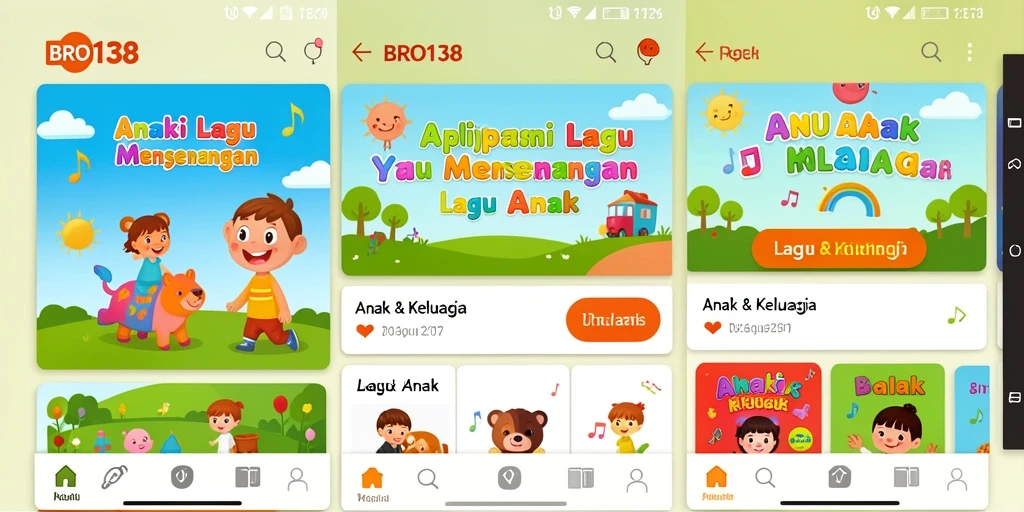 Antarmuka aplikasi BRO138 yang penuh warna dan menarik untuk lagu anak.