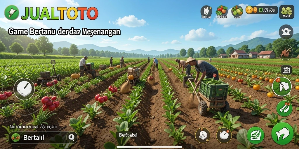 Tampilan antarmuka JUALTOTO menampilkan kebun yang hijau dan aktivitas bertani.