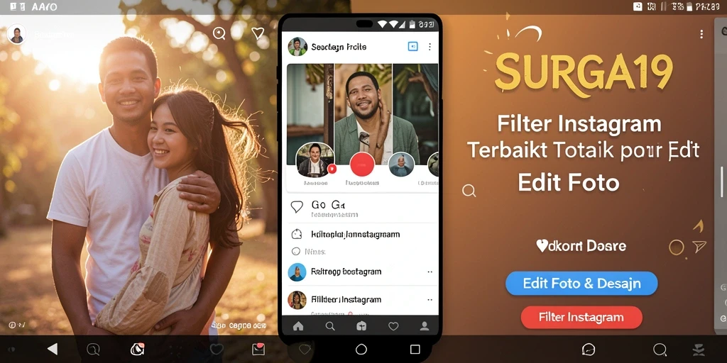 Tampilan utama aplikasi SURGA19 dengan berbagai filter Instagram yang menarik.